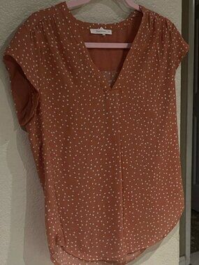 fun 2 fun Peach/Rust Dot V-Neck Cap Sleeve Blouse